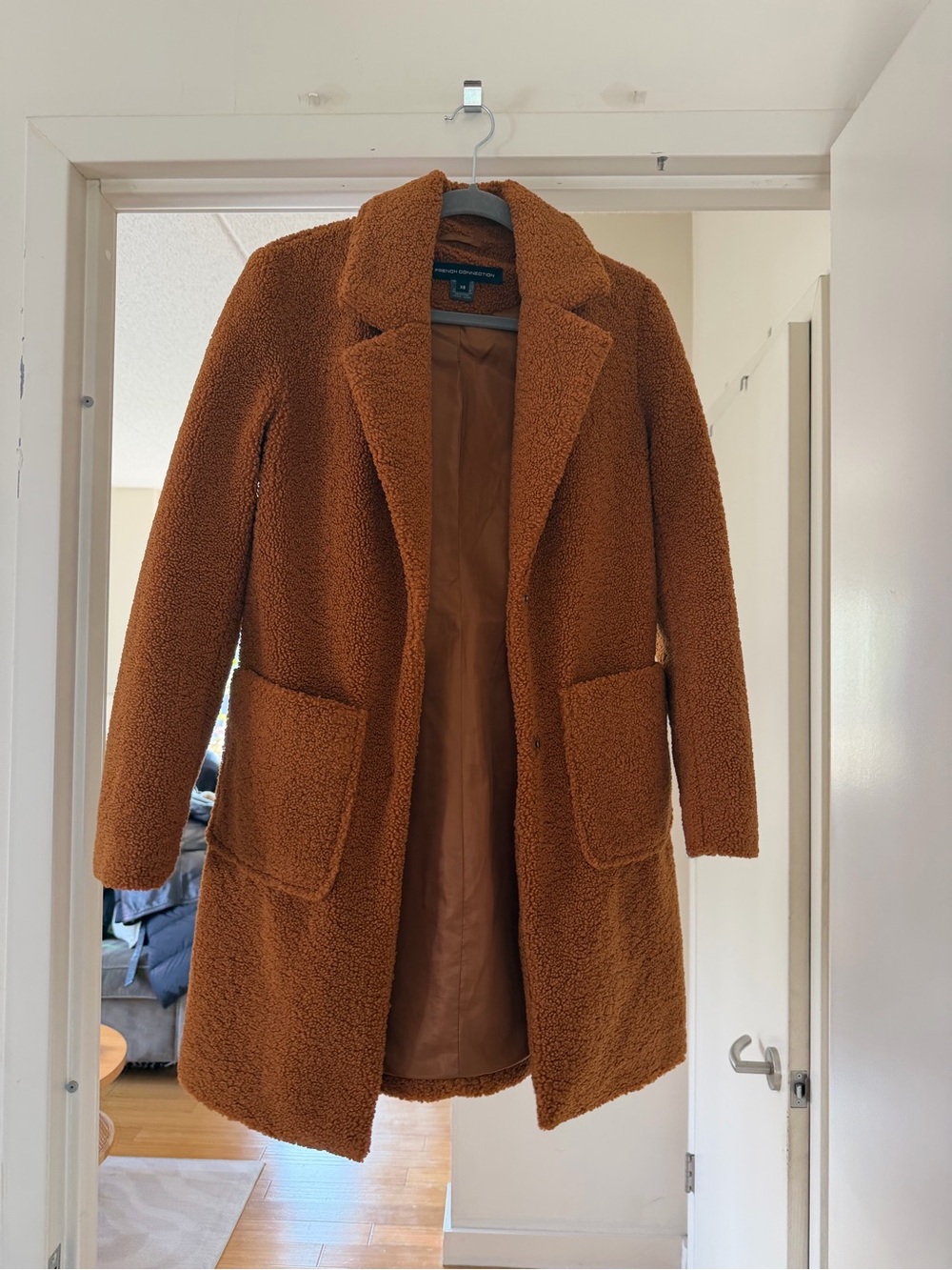French Connection Teddy Coat in Cognac Brown